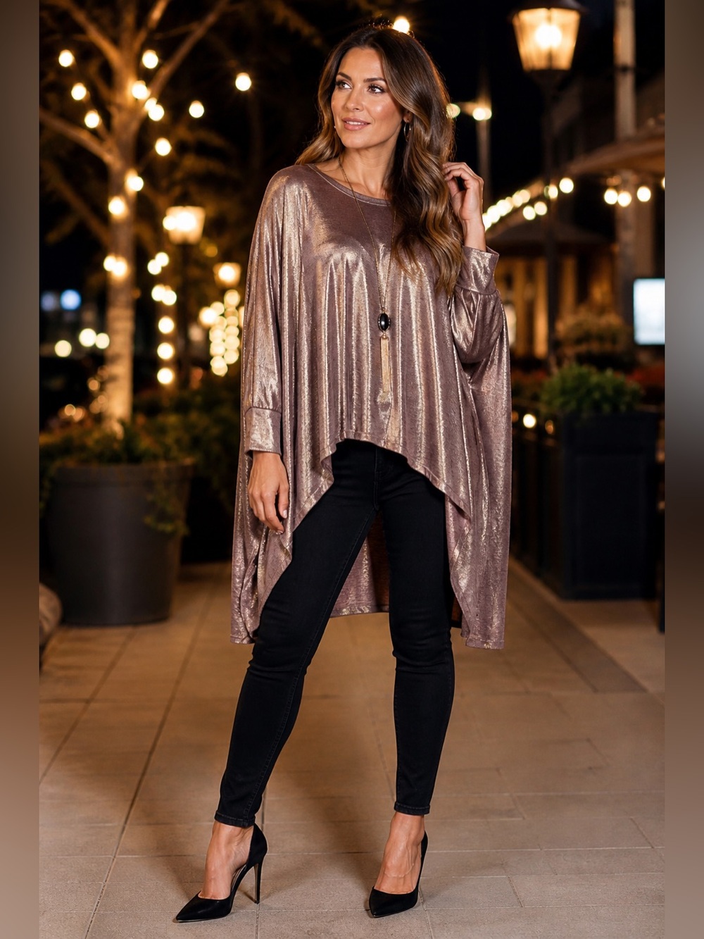 Shawl Dawls Metallic Drape Poncho Tunic Top One Size Rose Gold Shimmer